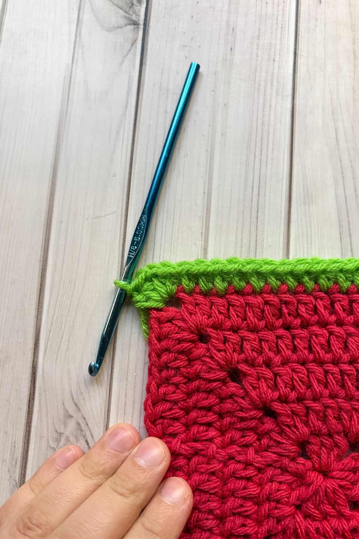 Going around the corner with half double crochets.
